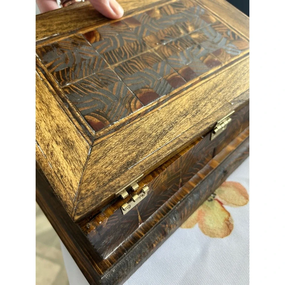 Vintage Handcrafted Parquetry Wood Jewelry Box with Mirror Ring Rolls Signed